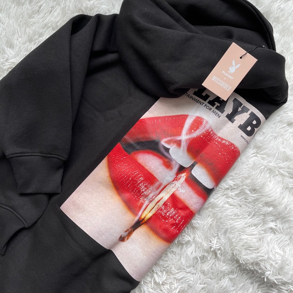 Missguided Black Hoodie with Red Lip Graphic